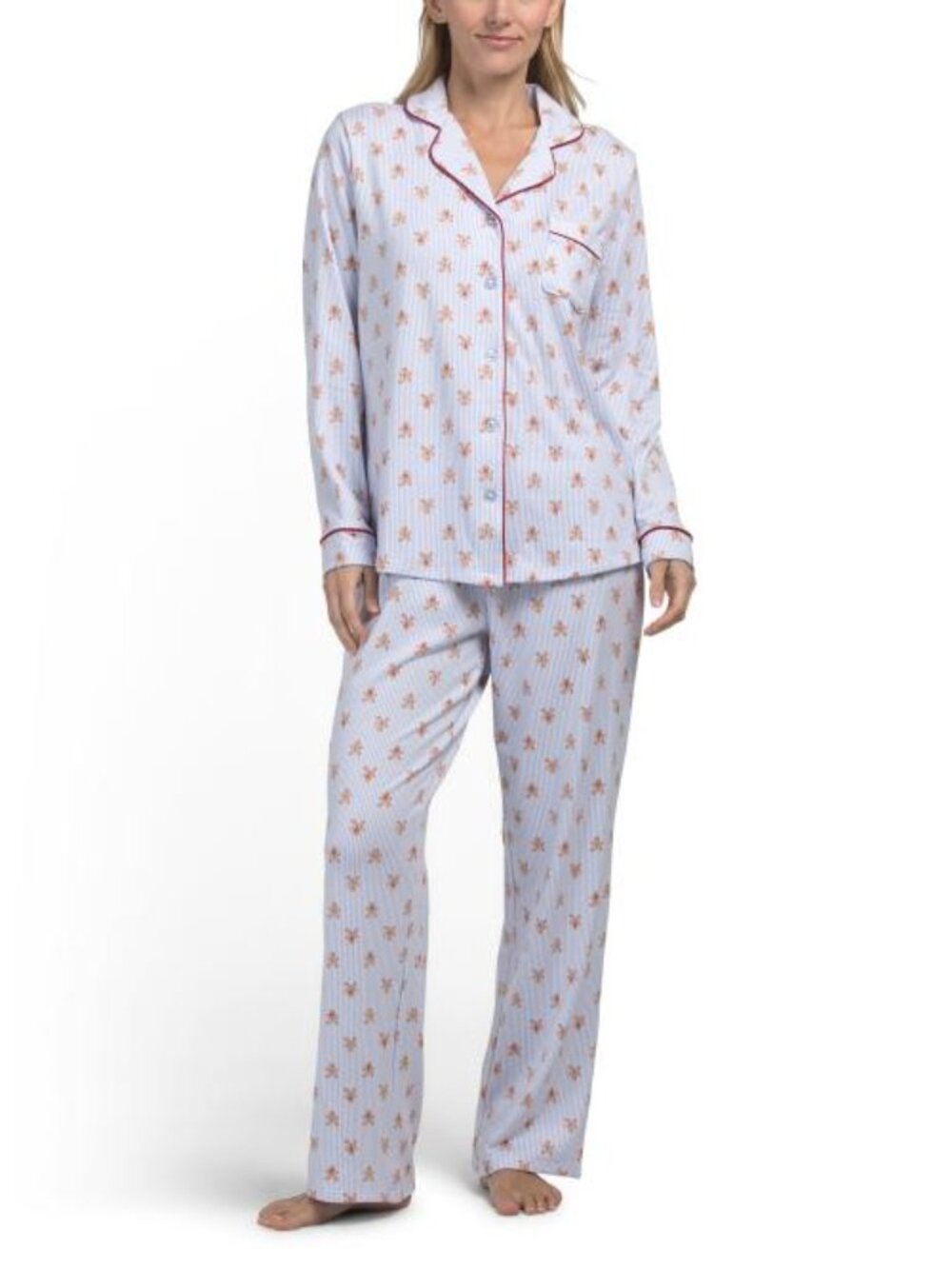 LAURA ASHLEY 2pc Striped Gingerbread Notch Pajama Set
